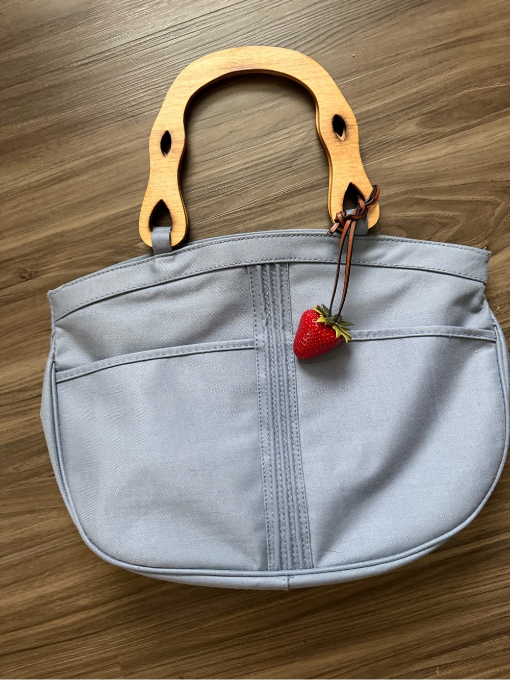 Blue Canvas Handbag with Wooden Handles And Strawberry Charm